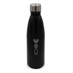 One New Man symbol on black water bottle