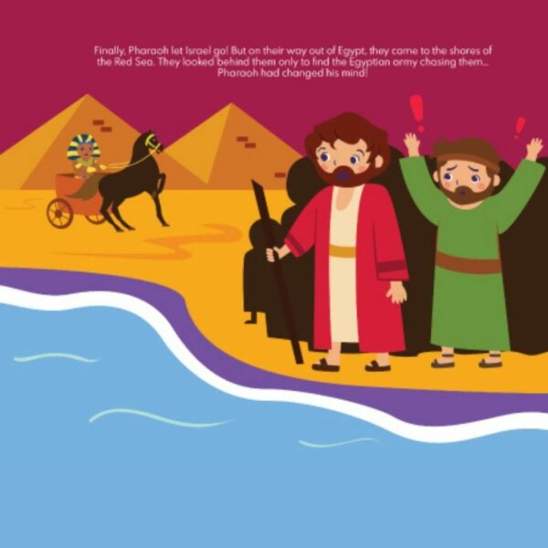 A page from the book showing Moses and the jewish people running from the pharaoh.